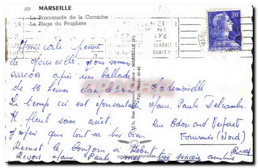 CPA Marseille la Promenade de la Corniche la Plage du Prophete  — Verso