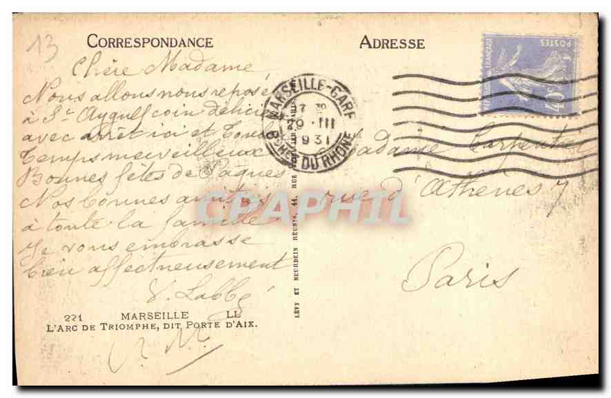 CPA Marseille l'Arc de Triomphe dit Porte d'Aix  — Verso