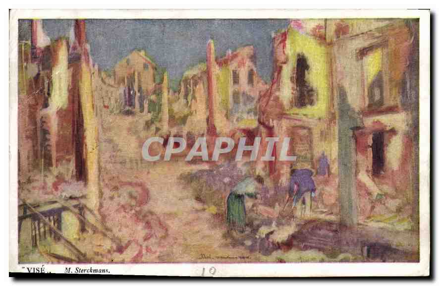 Ville en ruines — peinture de M. Sterckmans — imprimée par CEA, W. Dourge, Louvain