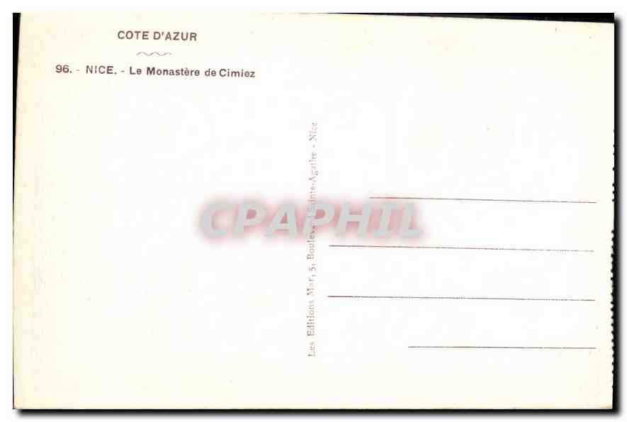 CPA Cote d'Azur Nice le Monastere de Cimiez  — Rückseite