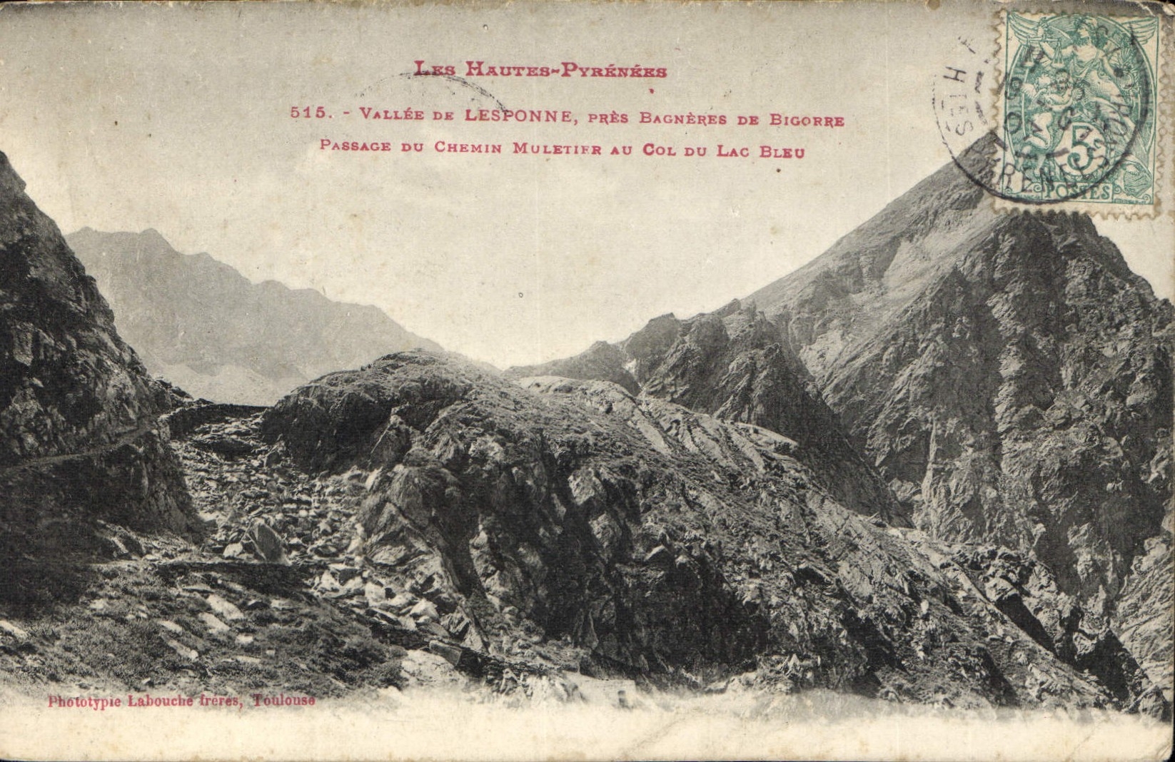 Vallée de Lesponne, près Bagnères-de-Bigorre — Passage du chemin muletier au col du lac bleu — Phototypie Labouche Frères, Toulouse
