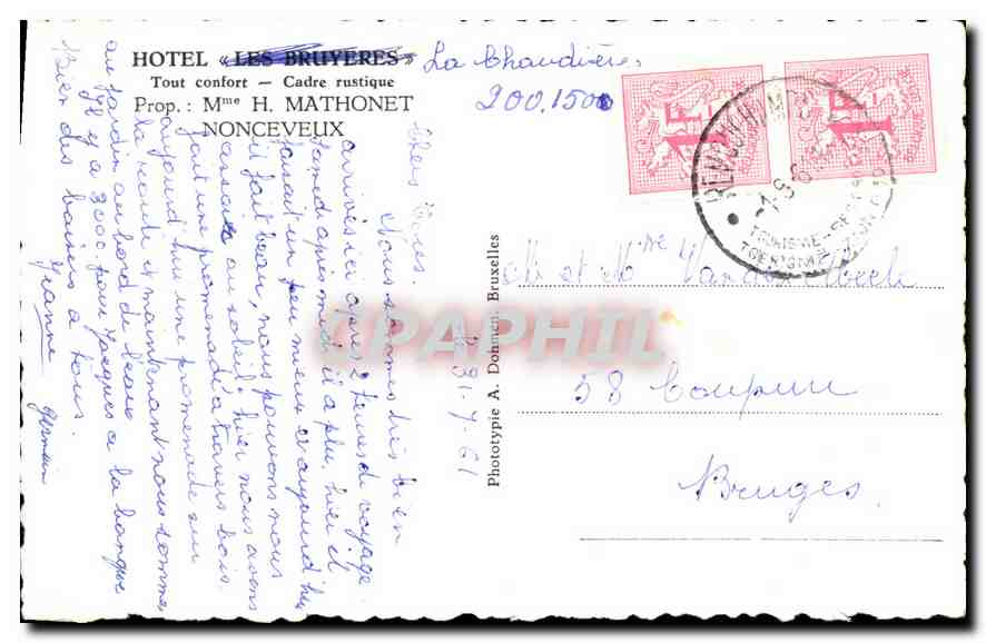 CPA Nonceveux Bain de Diane Hotel les Bruyeres tour Confort Cadre rustique Prop Mme H Mathonet Nonce — Rückseite