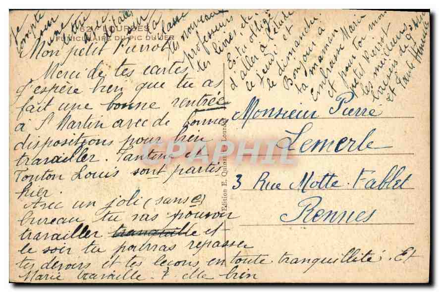 CPA Lourdes Funiculaire du Pic du Jer  — Verso
