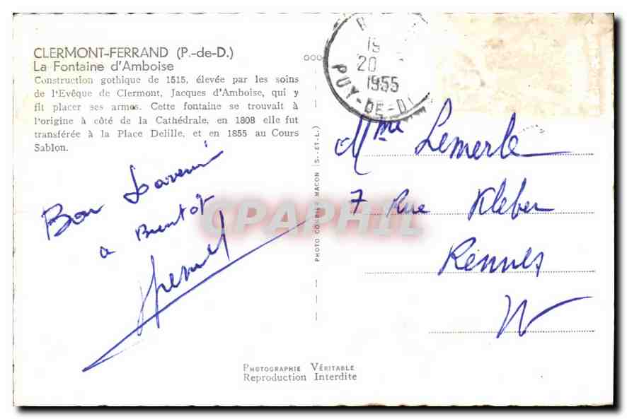 CPA Clermont Ferrand P de D la Fontaine d'Amboise  — Rückseite