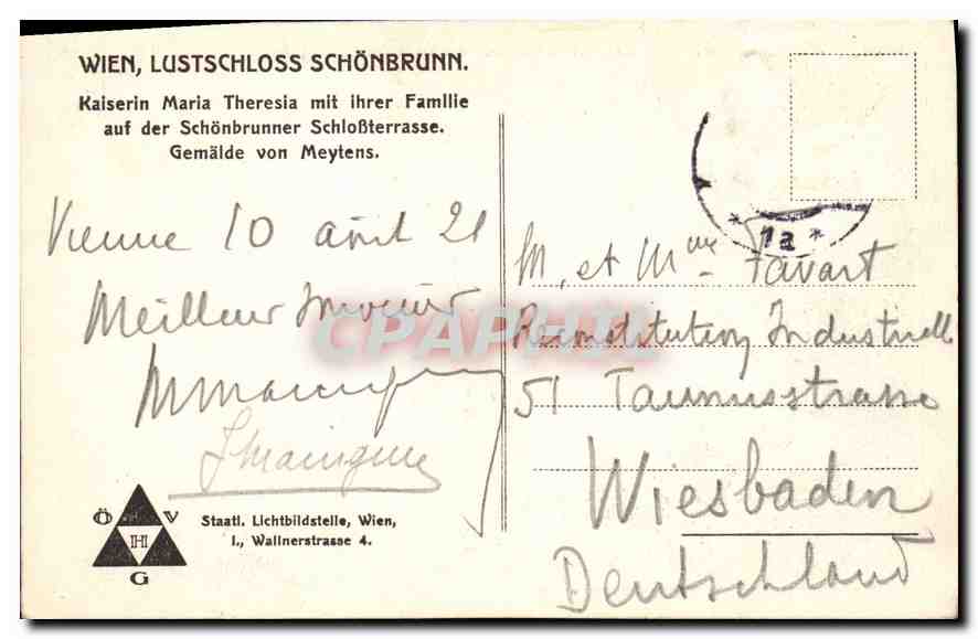CPA Wien Lustschloss Schonbrunn Kaiserin Maria Thersia mit Ihrer Famllie auf der Schonbrunner Schlob — Rückseite