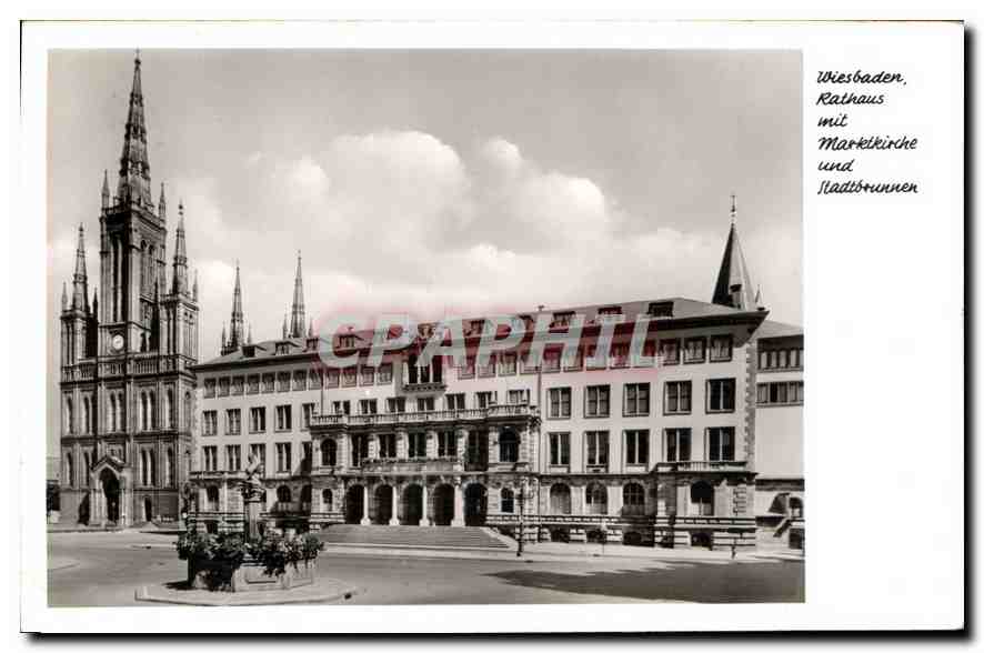 CPA Wiesbaden Rathaus wit marktkirche und stadtsunner 