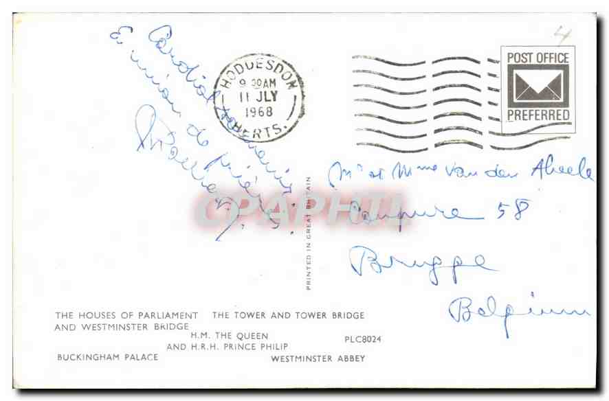 CPA The Houses of Parliament the Tower and Tower Bridge and Westminster Bridge HM the Queen and HRH  — Rückseite