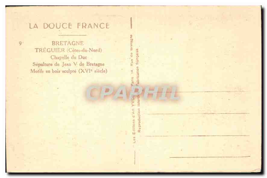 Sépulture de Jean V de Bretagne — Chapelle du Duc — Motif en bois sculpté (XVIe siècle) — Éditions d'art YVOL, Paris — Rückseite