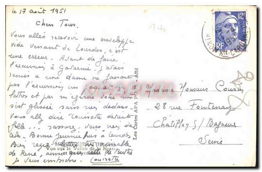Vue sur la Vallée de la Nègre — CPA APA — éditeur APA — Verso