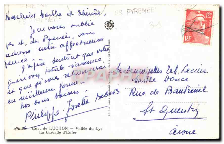 CPA Evn de Luchon Vallee du Lyz La Cascade d'Enfer  — Rückseite