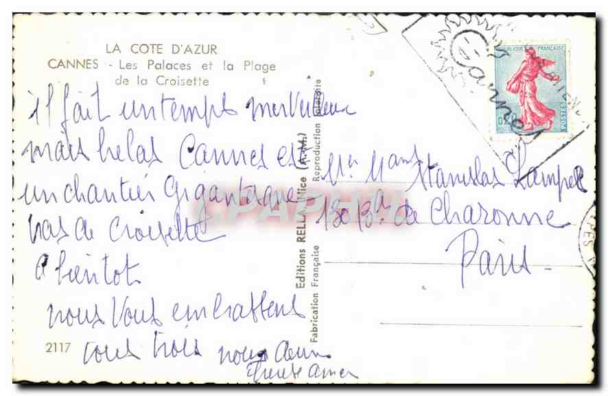 Cannes — Les Palaces et la Plage de la Croisette — Éditions Rella — Verso