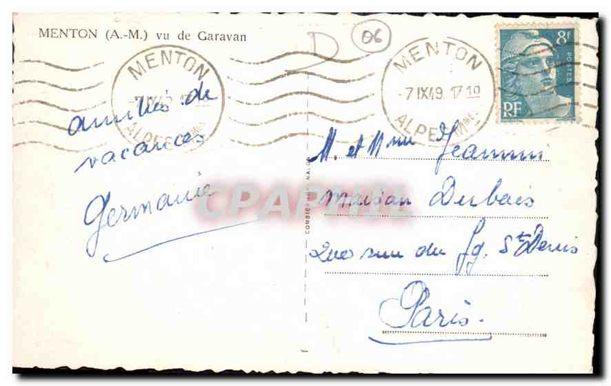 CPA Menton AM vu de Garavan  — Rückseite