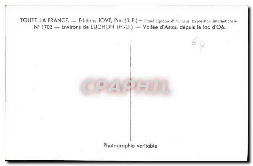 CPA Environs de Luchon Vallee d'Astau depuis le lac d'Oo  — Rückseite