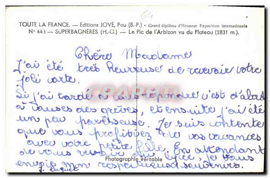 Le Pic de l'Arbizon vu du Plateau — Superbagnères — Éditions JOVÉ, Pau — Rückseite