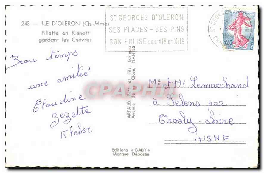 CPA Ile d'Oleron Ch MMe Fillette en Kisnott gardant les Chevres Chevre Folklore — Back