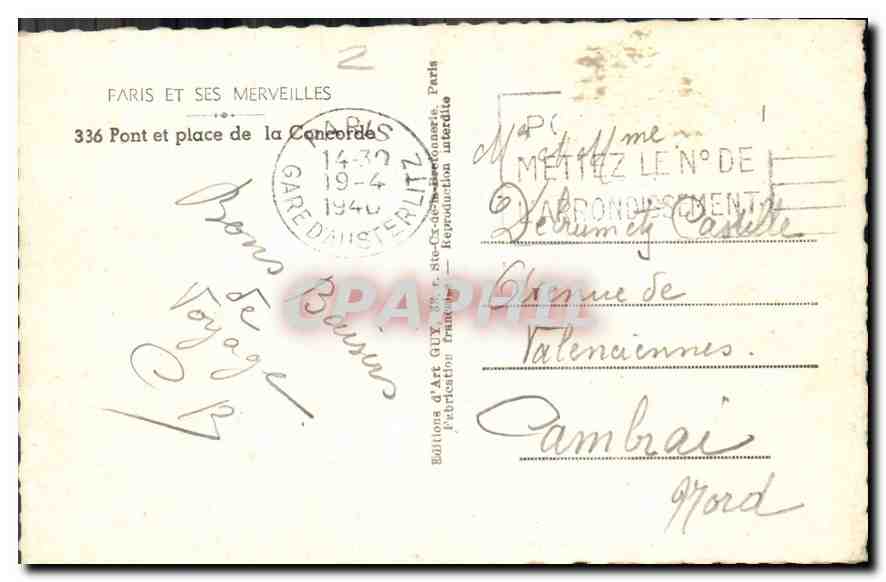 CPA Paris et ses Merveilles Pont et place de la Concorde  — Rückseite