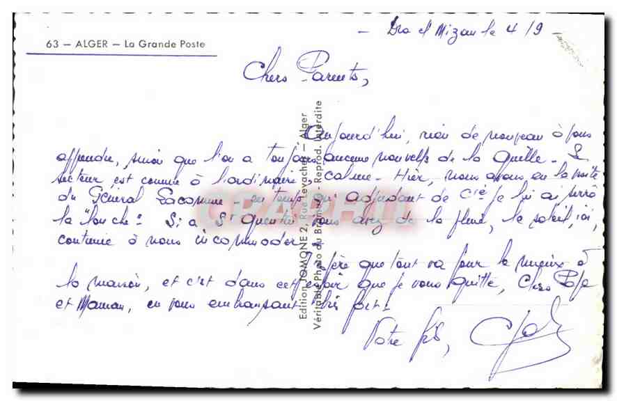CPA Alger La Grande Poste  — Rückseite