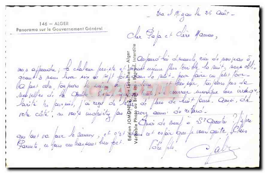 CPA Alger Panorama sur le Gouvernement General  — Rückseite