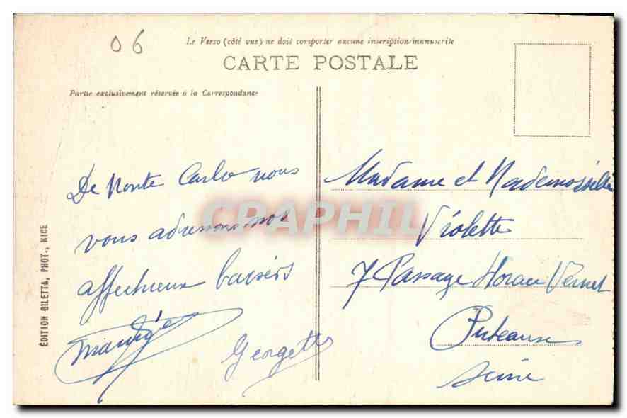 Monte-Carlo - Casino et Jardins — Édition Giletta, Nice, n°719 — Verso