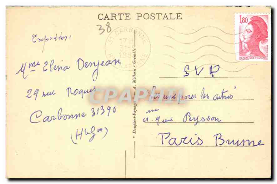Grenoble — L'Île Verte, l'Isère et les Alpes — éditeur A. Mollaret, n° 10.596 — Verso