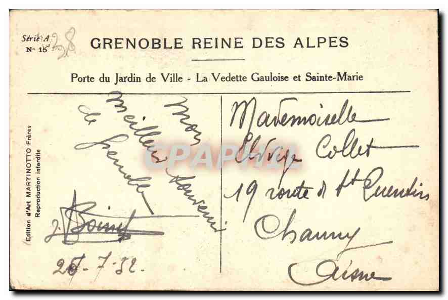 CPA Grenoble Reine des Alpes Porte du Jardin de Ville La Vedette Gauloise et Sainte Marie  — Rückseite