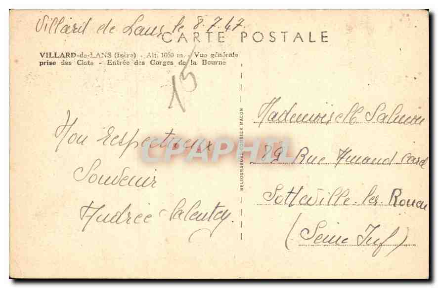 Villard-de-Lans (Isère) — Vue générale prise des Clots — Entrée des Gorges de la Bourne — Héliogravure C. Magon — Verso
