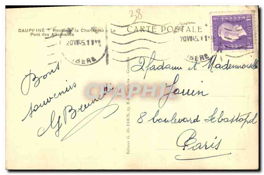 CPA Dauphine Route de la Chartreuse Le Pont des Allemands  — Verso