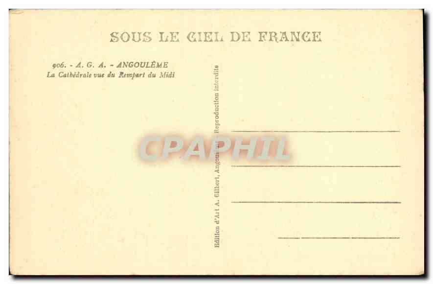 Angoulême — La Cathédrale vue du Rempart du Midi — Édition A. Gilbert — Verso