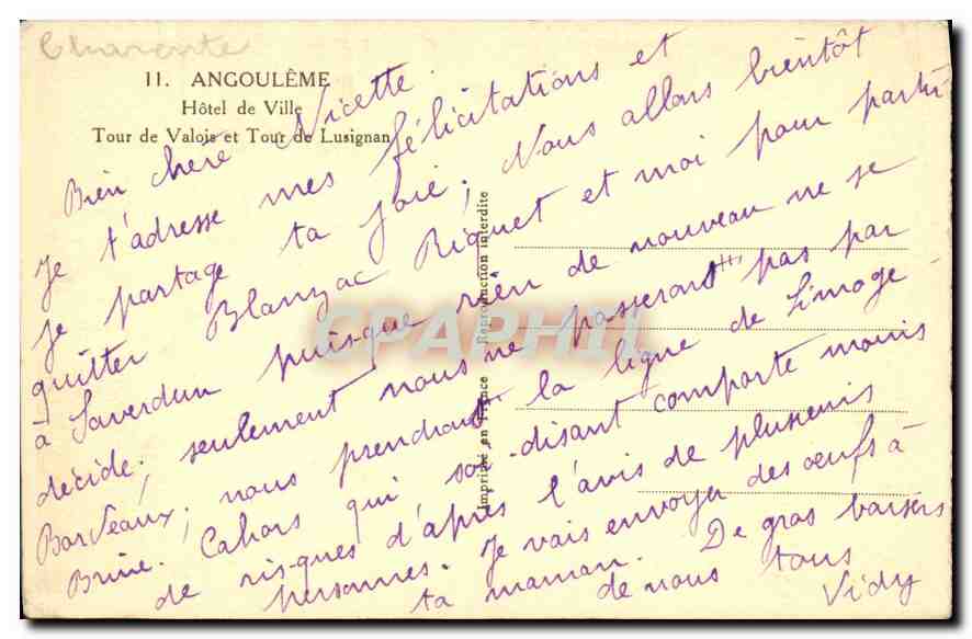 Angoulême — Hôtel de Ville et Tour de Lusignan — Éditeur non identifié — Verso