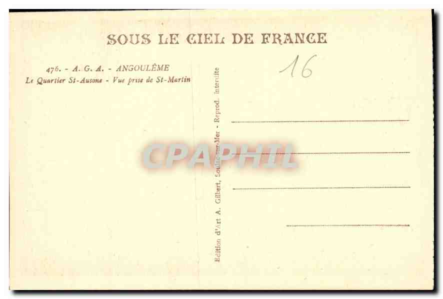 Angoulême — Quartier St-Ausone — Vue prise de St-Martin — Édition A. Gilbert — Verso