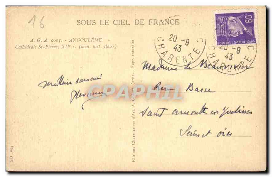 CPA Angouleme Cathedrale St Pierre XII S Mon hist Classe  — Rückseite