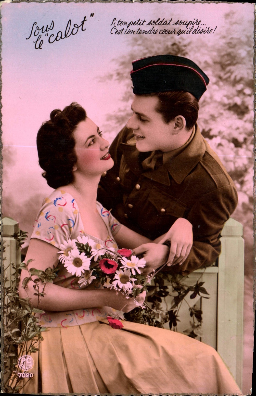 Sous le "calot" — soldat et femme au jardin — éditeur P-C Paris, n° 7020