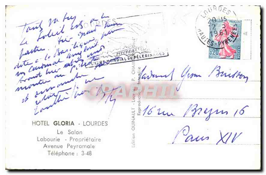 CPA Hotel Gloria Lourdes le Salon  — Verso
