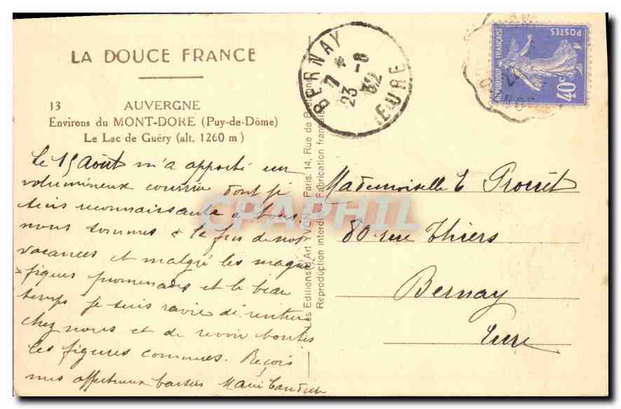 CPA Auvergne Environs du Mont Dore Puy de Dome Le Lac de Guery  — Rückseite