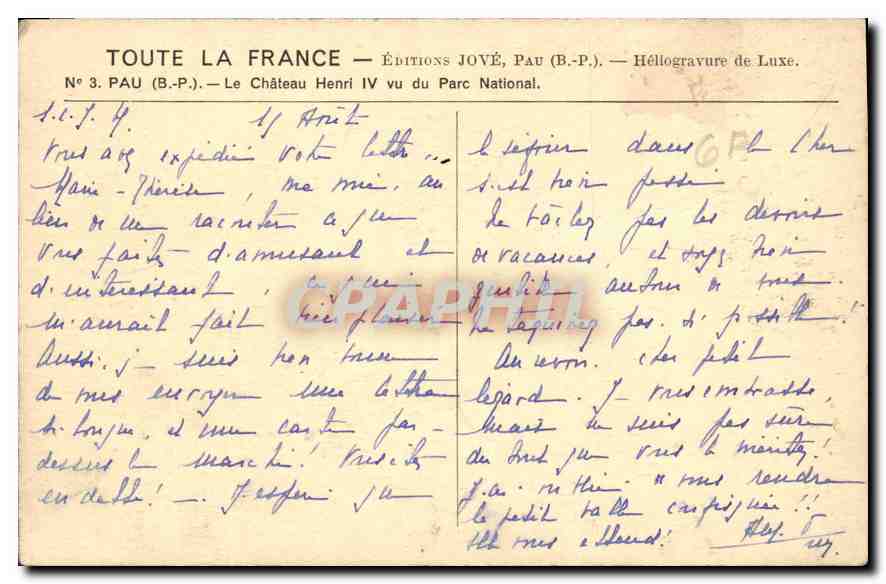 Le Château Henri IV vu du Parc National — Éditions Jové, Pau (B.P.) — N° 3 — Reverso