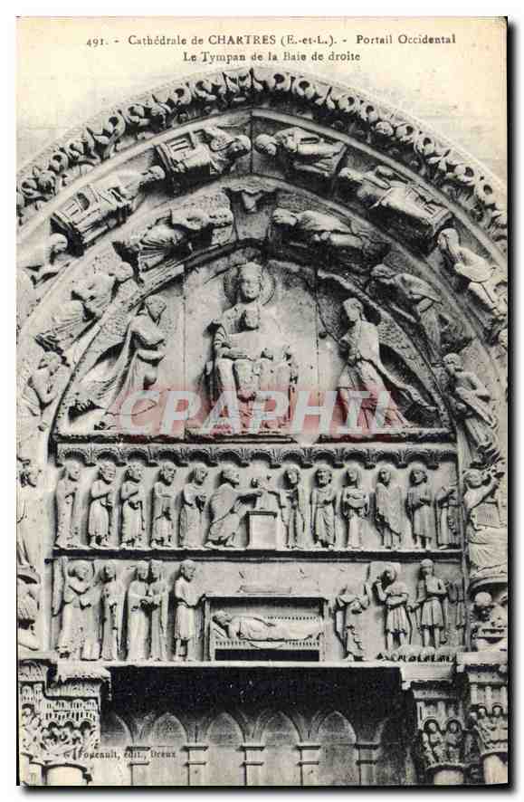 Cathédrale de Chartres (E.-et-L.) — Portail Occidental, Le Tympan de la Baie de droite — éditeur Alphonse Focennit, n° 491