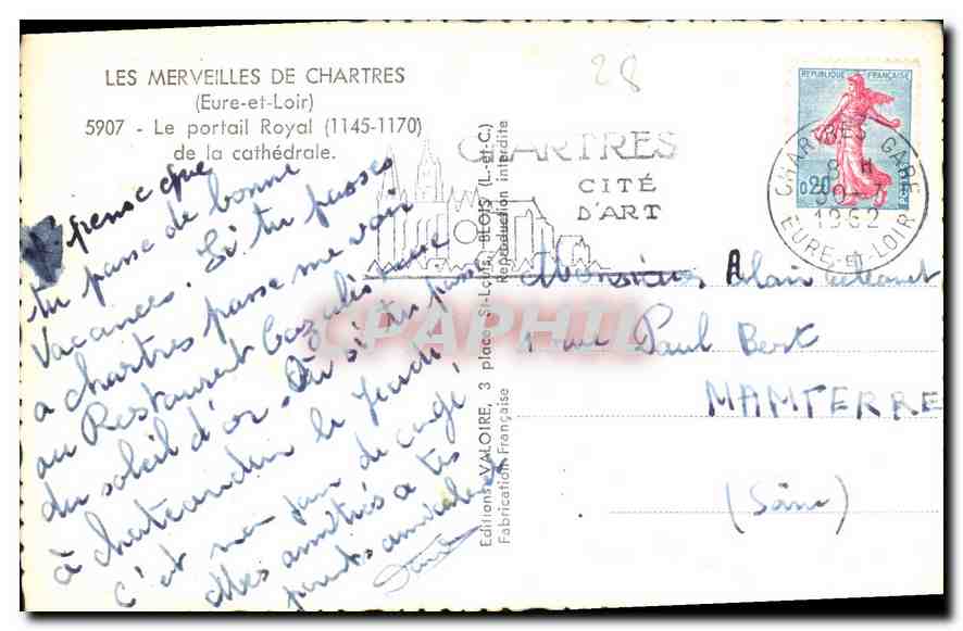 Portail Royal de la cathédrale de Chartres — Éditeur Valoire, n° 5907 — Verso