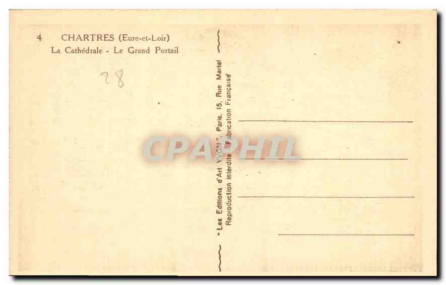 CPA Chartres Eure et Loir La Cathedrale Le Grand Portail  — Rückseite
