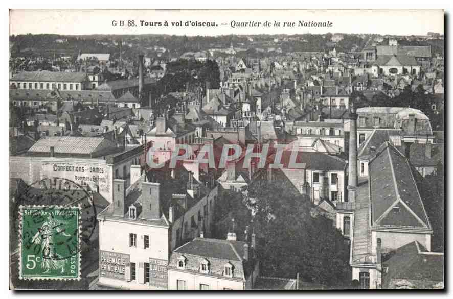 CPA Tours a vol d'oiseau Quartier de la Rue Nationale Pharmacie
