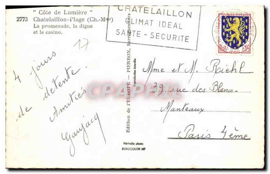 CPA Cote de Lumiere Chatelaillon Plage Ch Mme La promenade la digue et le casino  — Rückseite