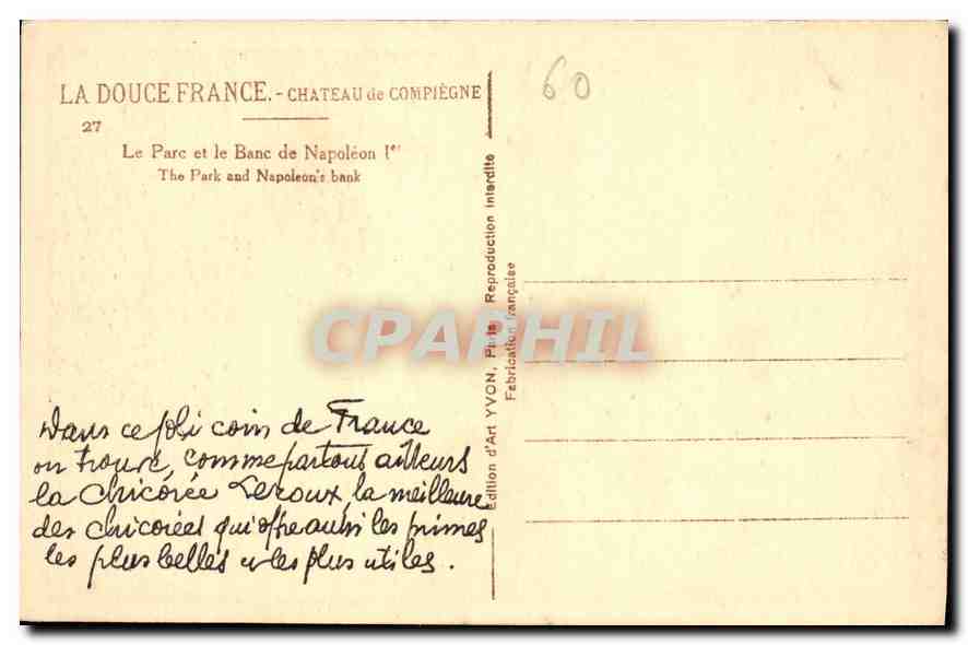 CPA Chateau de Compiegne Le Parc et le Banc de Napoleon  — Rückseite