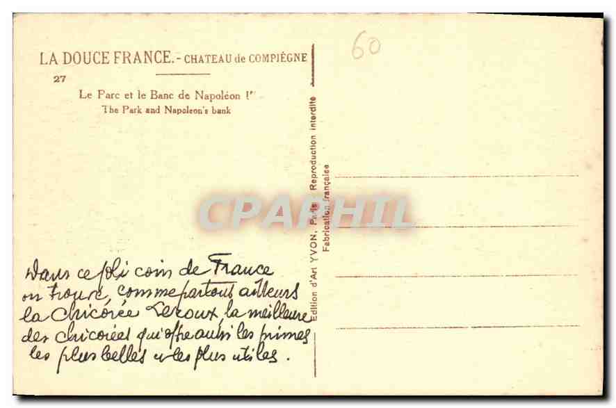 CPA Chateau de Compiegne Le Parc et le Banc de Napoleon  — Rückseite