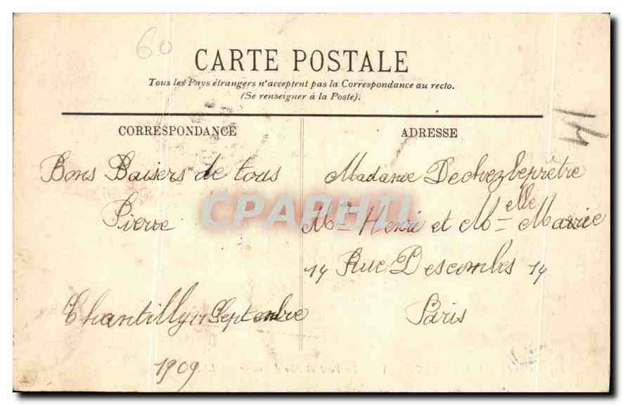 CPA Chateau de Chantilly Le Pont et l'lle d'Amour  — Rückseite