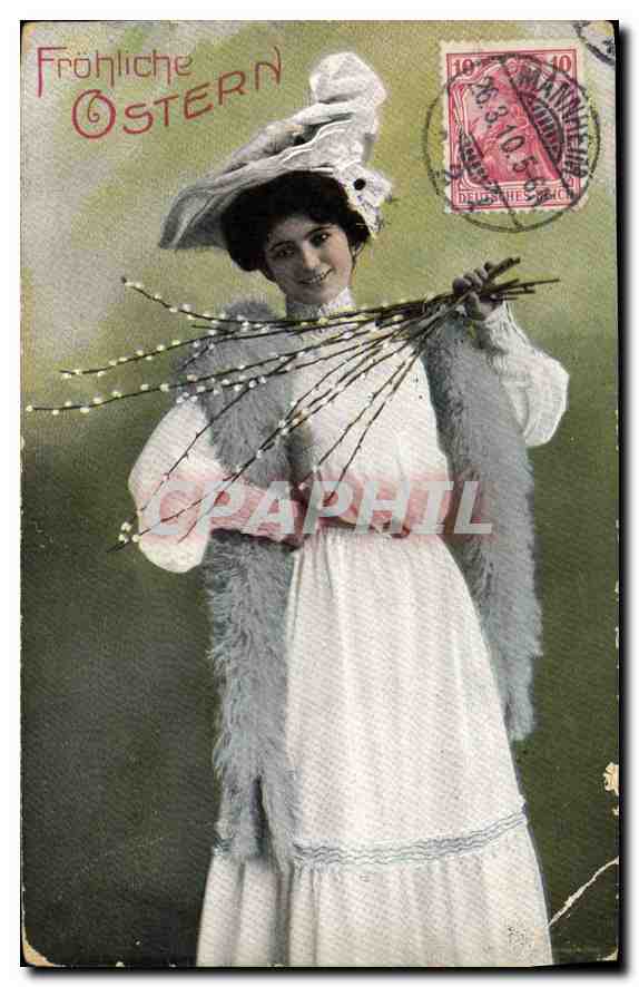 Femme en robe blanche tenant des branches de saule — 'Fröhliche Ostern' — éditeur inconnu, n° de série non visible