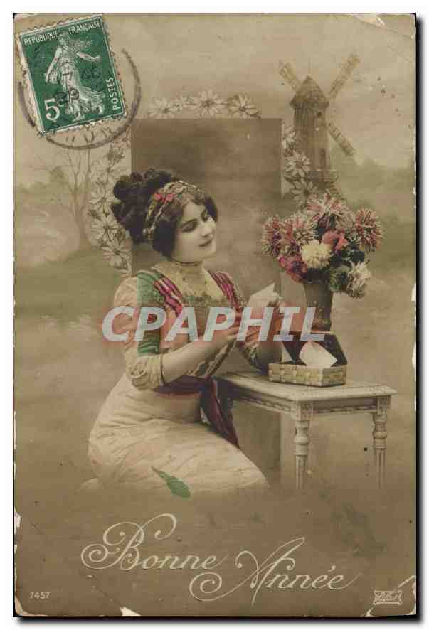 CPA Bonne Annee Femme Moulin a vent