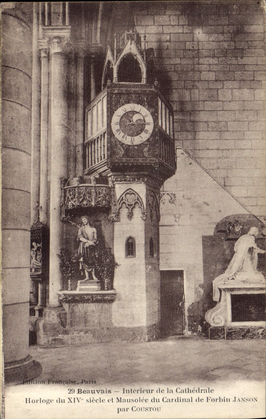 Beauvais — Intérieur de la Cathédrale — Horloge du XIVe siècle et Mausolée du Cardinal de Forbin Janson par Coustou
