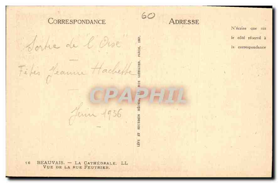 CPA Beauvais la Cathedrale vue de la Rue Feutrier  — Rückseite