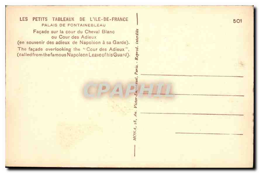 Palais de Fontainebleau — Façade sur la cour des Adieux — éditeur Mona, n° 501 — Verso