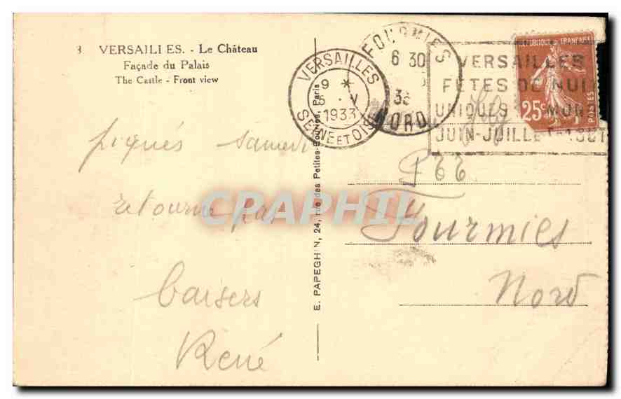 Versailles - Le Château - Façade du Palais — E. Papegh N° 24, Paris — Verso