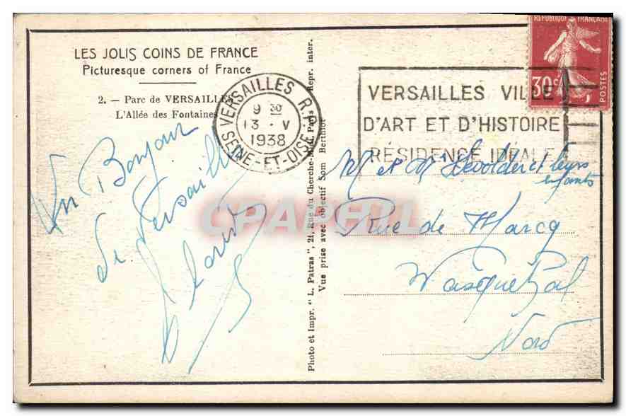 CPA les Jolis Coins de France Parc de Versailles L'Allee des Fontaines  — Verso